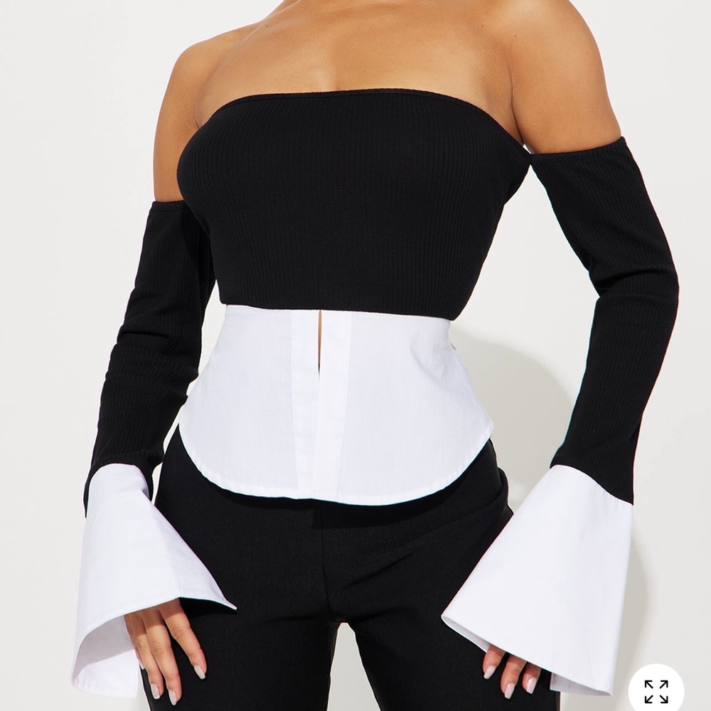 Off-Shoulder Black & White Contrast Peplum Top